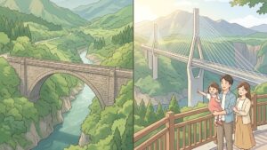 熊本地震で崩落した阿蘇大橋と復旧した新阿蘇大橋を表すイラスト