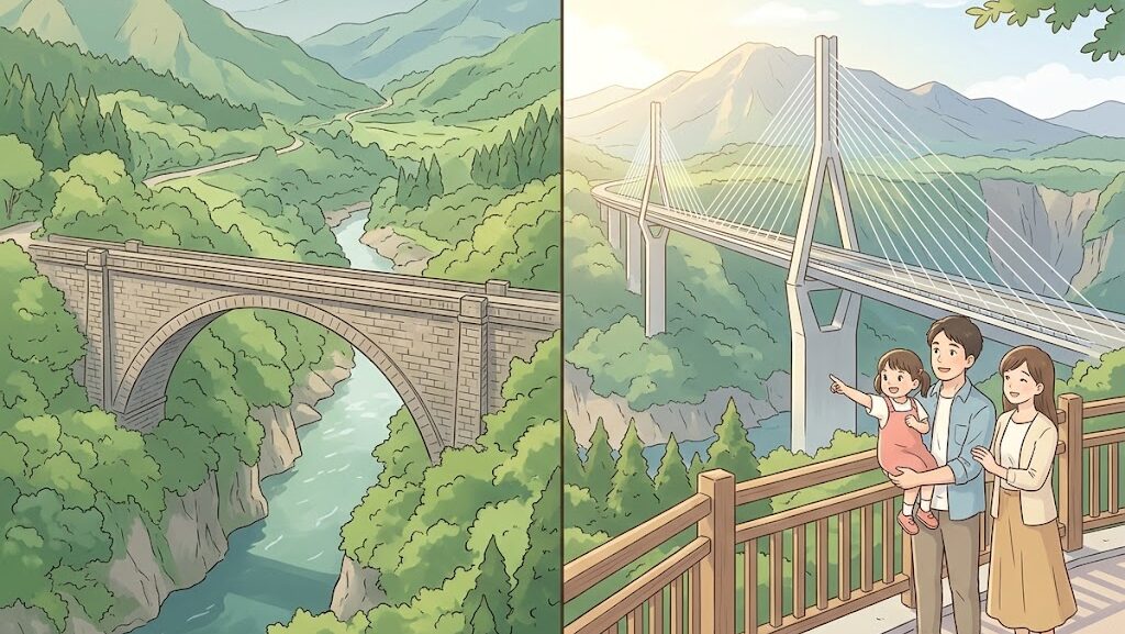 熊本地震で崩落した阿蘇大橋と復旧した新阿蘇大橋を表すイラスト