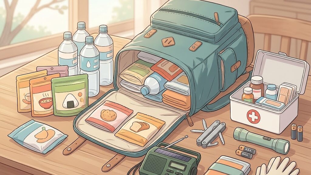 中身が整理された防災持ち出し袋の中身一覧イメージ、アニメ調イラスト