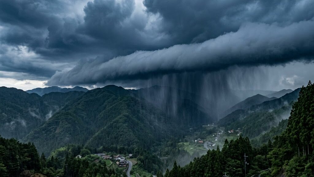 日本の山岳地帯に線状降水帯が発生している写真風イメージ