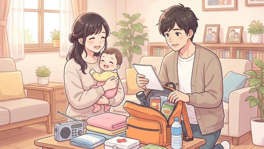 赤ちゃんを抱いた家族が防災グッズを準備している穏やかなアニメ調イラスト