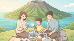 タンボラ山と現代の家族の防災備えを組み合わせたアイキャッチイラスト