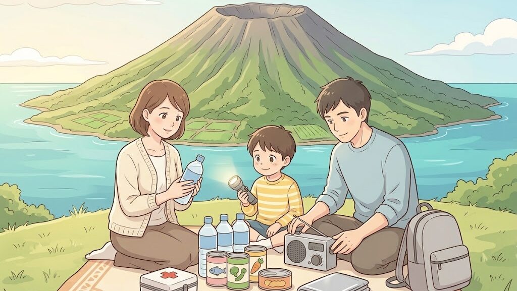 タンボラ山と現代の家族の防災備えを組み合わせたアイキャッチイラスト