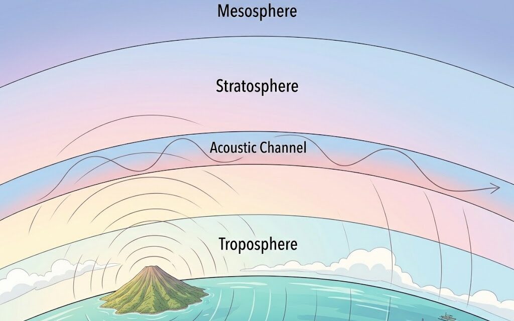 成層圏の音響チャンネルを通じて爆発音が遠くまで伝わるメカニズムのイラスト