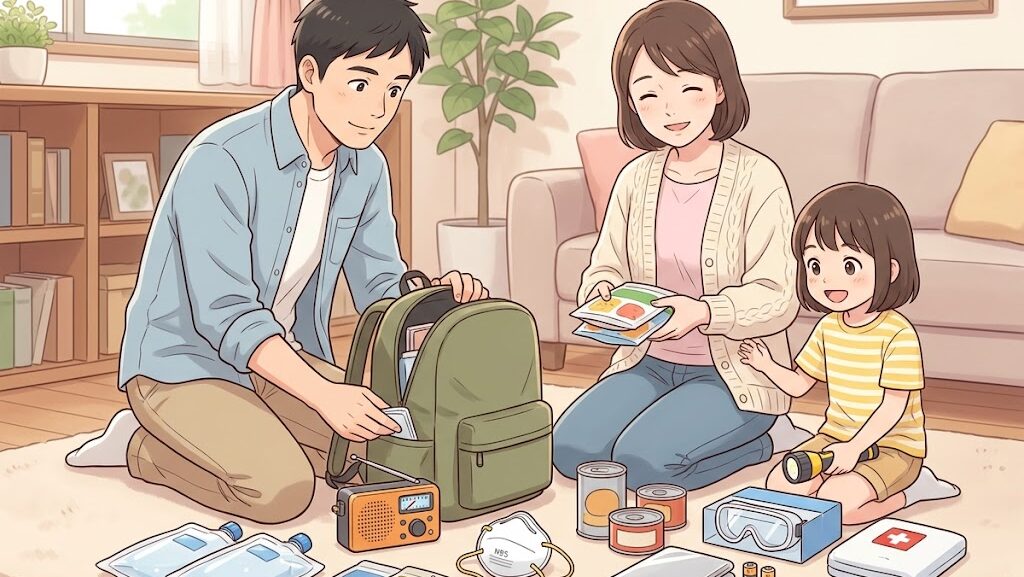 家族で防災リュックの中身を準備しているアニメ調イラスト
