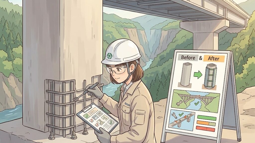 橋梁の耐震点検をする技術者のアニメ調イラスト