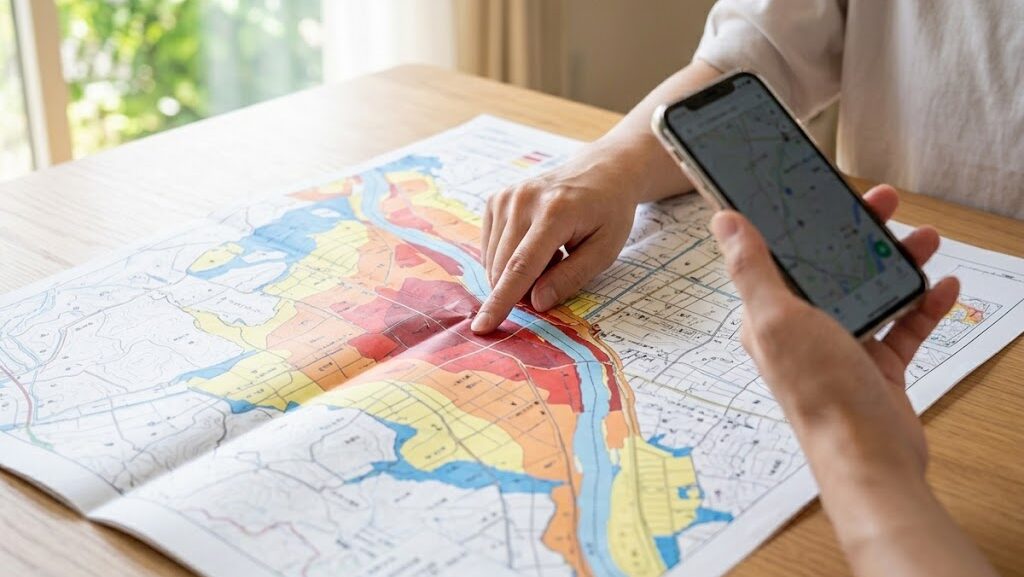 ハザードマップを広げて洪水リスクを確認している様子の写真