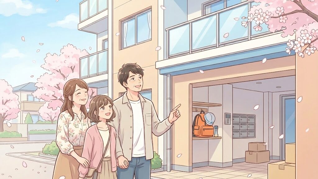 熊本地震の教訓を活かして新しいアパートを安心して選ぶ家族のイラスト