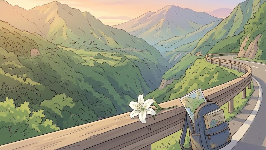 阿蘇の谷を見下ろす山道に置かれた白い花のイラスト