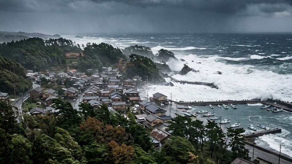 台風接近時の日本沿岸の暴風と荒波の写真風イメージ