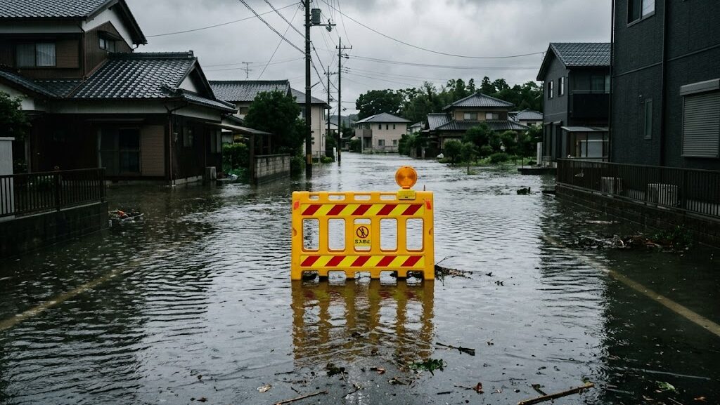 台風通過後に浸水した道路と立入禁止バリケードの写真風イメージ
