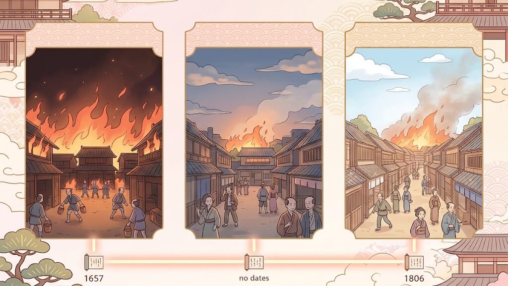江戸三大大火の歴史的な流れを表したタイムラインイラスト