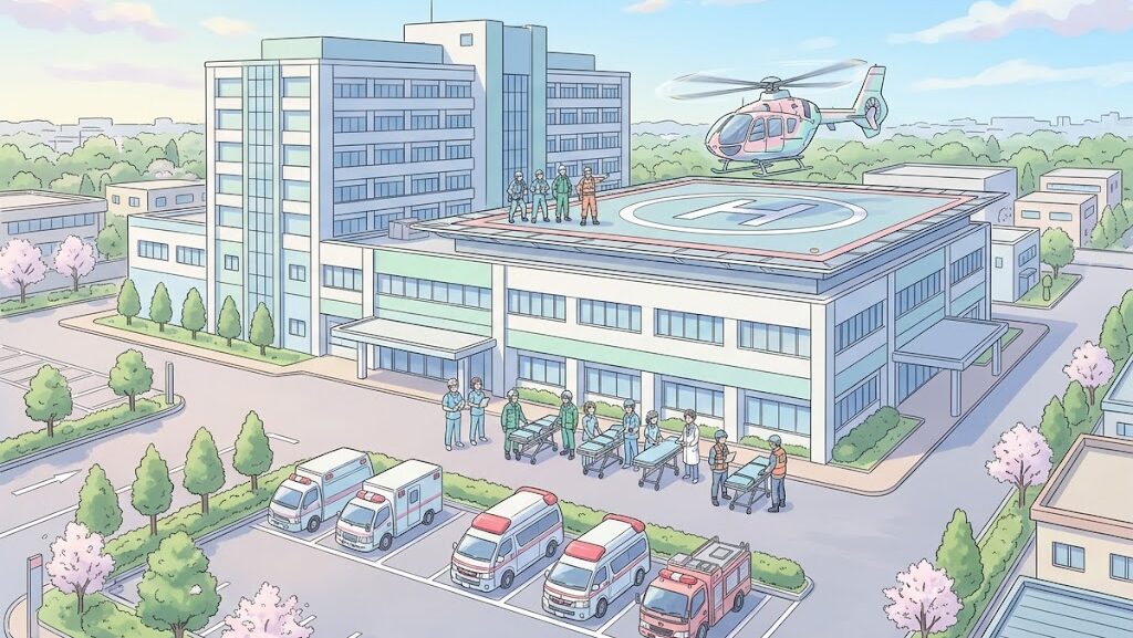 ヘリポートを持つ災害拠点病院のアニメ調イラスト