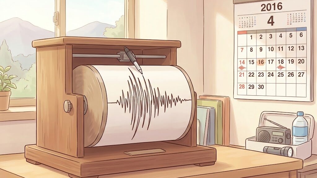 地震計の波形と2016年4月のカレンダーを描いた教育的なアニメ調イラスト