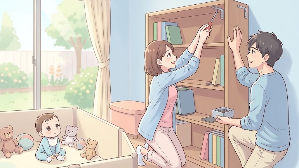 両親が家具を壁に固定する地震対策を行うアニメ調イラスト