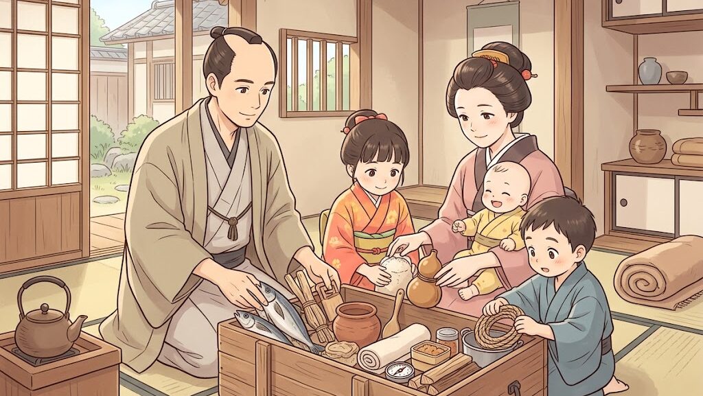 江戸の人々が火災への備えをする様子を描いたイラスト