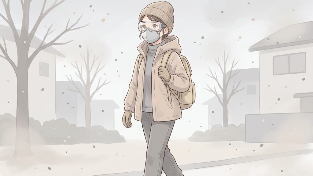 火山灰が降る中で防塵マスクとゴーグルを着用した防護行動のイラスト