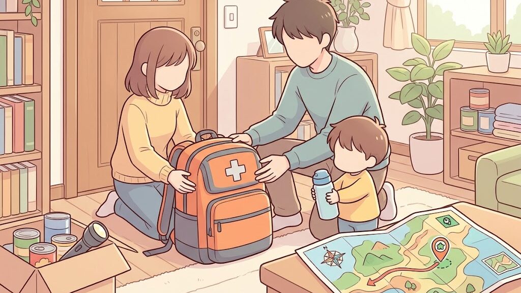 玄関に防災リュックを置き避難地図を確認する家族のイラスト