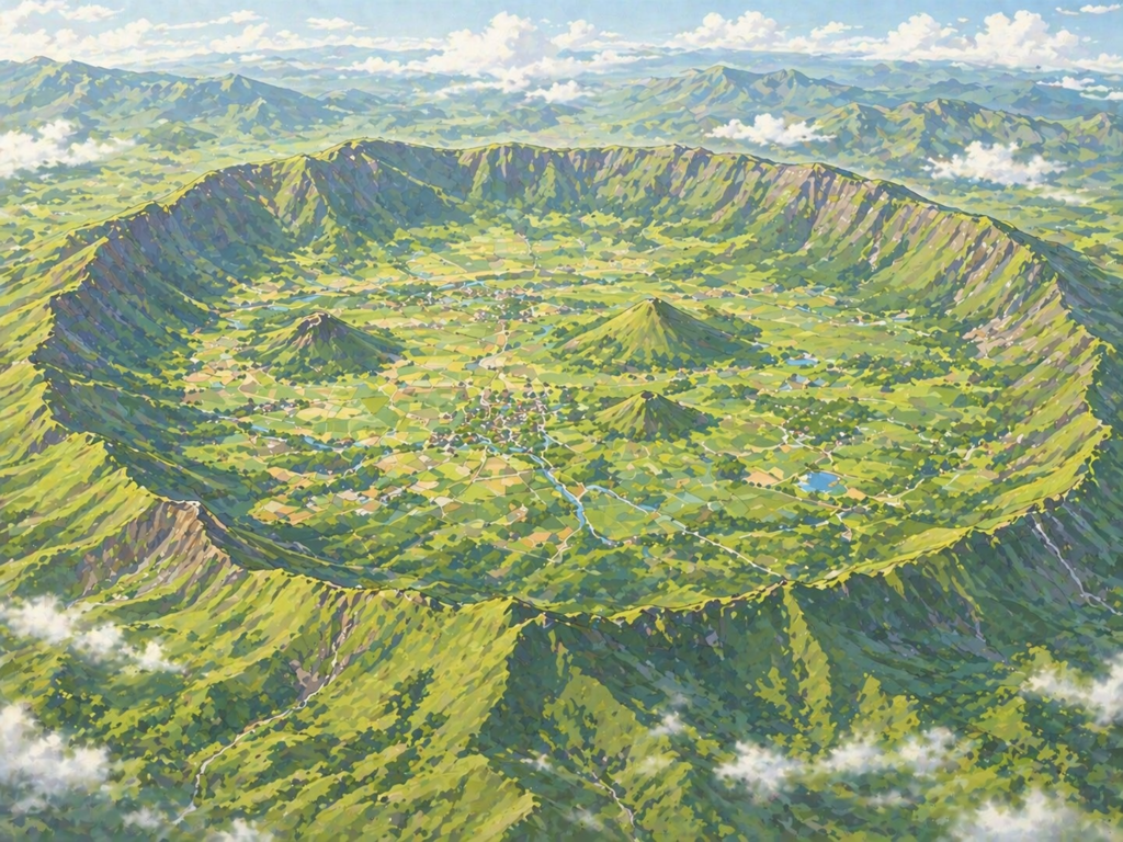 カルデラを囲む外輪山と内部の平野が広がる地形のアニメ調俯瞰イラスト