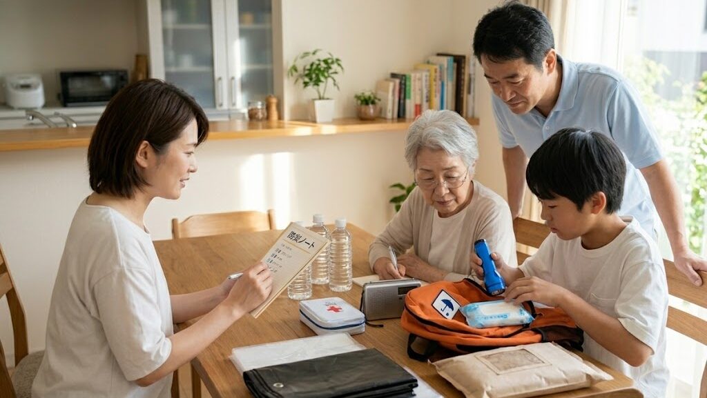 子供や高齢者がいる家庭が一緒に洪水対策の防災グッズを確認している実写写真