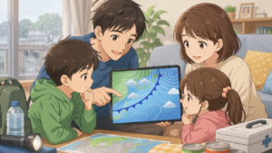 天気図で寒冷前線の接近を確認する家族のイラスト