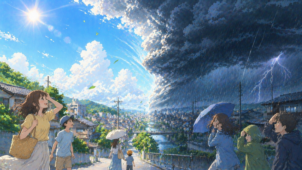 日本の街で寒冷前線通過により晴天から嵐へ急変する様子のイラスト