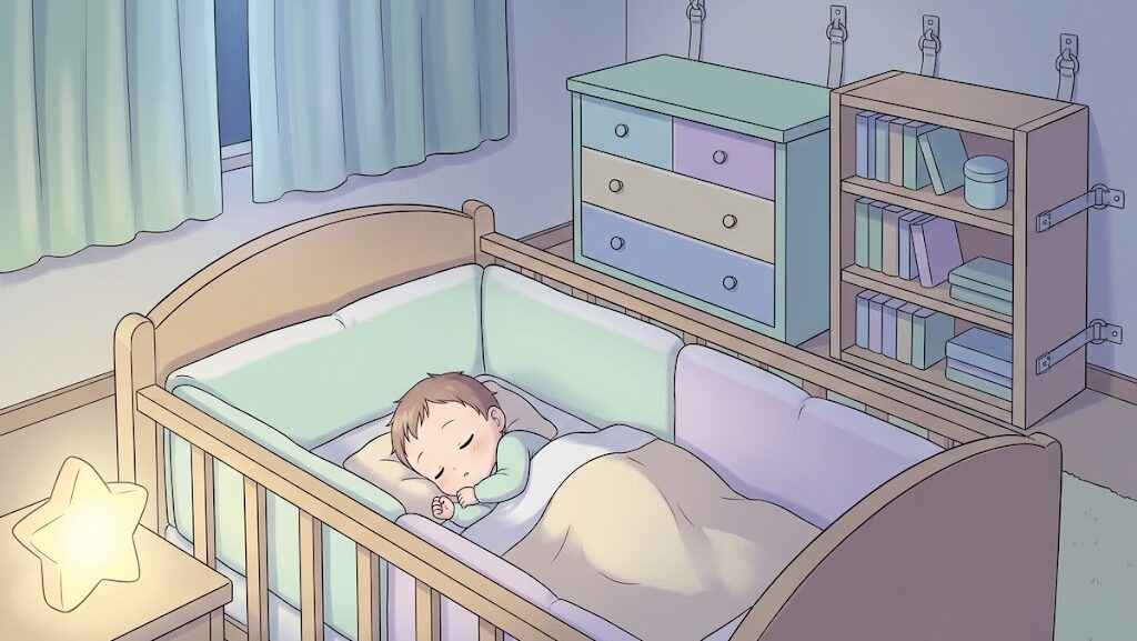 安全対策が施された寝室でぐっすり眠る赤ちゃんを描いたアニメ調イラスト