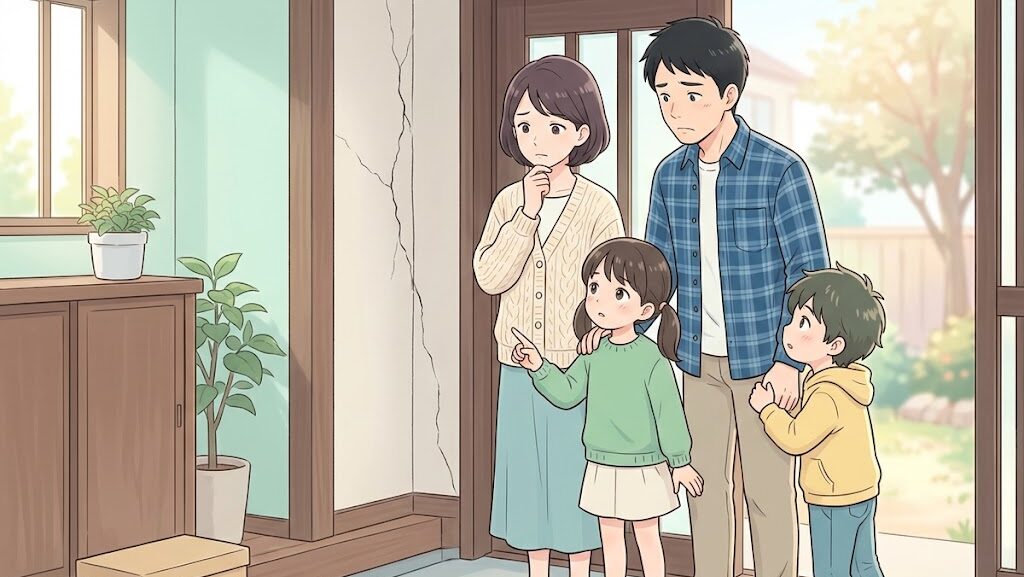 地震後に帰宅を迷う家族を描いた穏やかな防災教育アニメ調イラスト