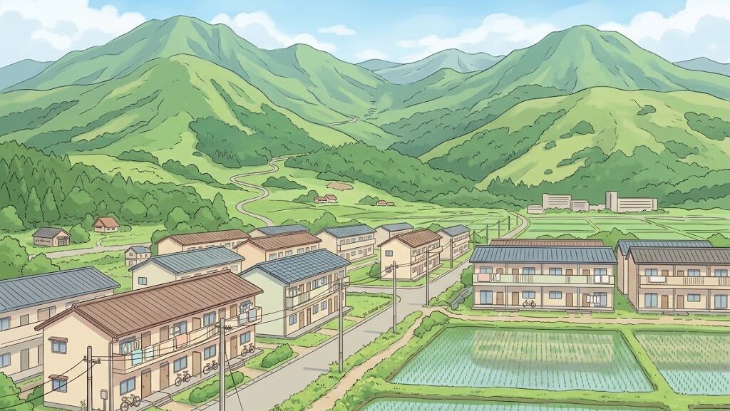 阿蘇の山々に囲まれた南阿蘇村の学生アパートが並ぶ穏やかな集落のイラスト