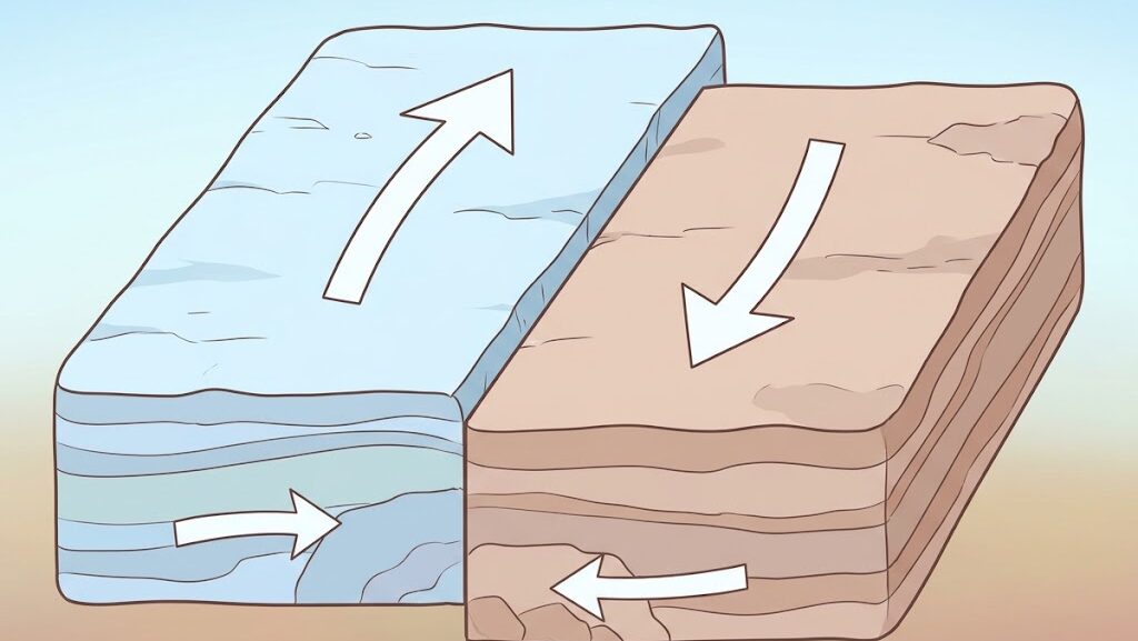太平洋プレートと北アメリカプレートが横にずれるサンアンドレアス断層のメカニズム図解