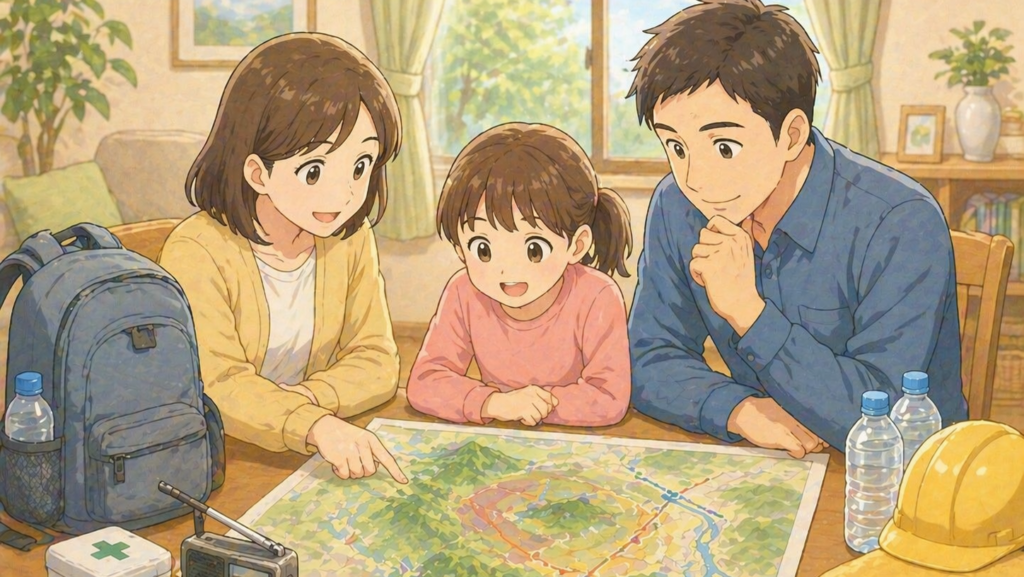家族が防災マップを確認して火山噴火への備えを話し合うイラスト