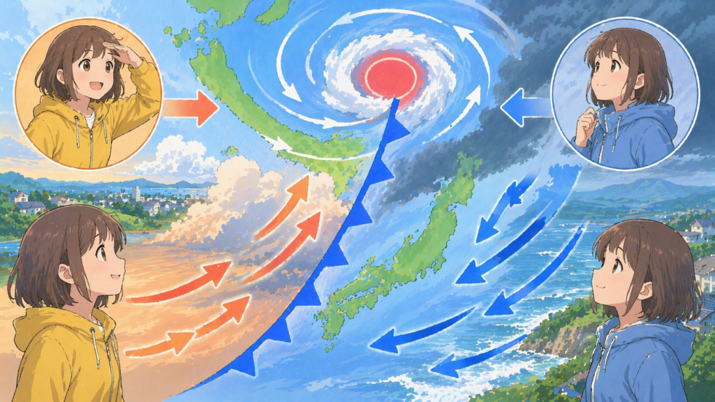 低気圧周辺の風向きと寒冷前線通過による風向急変を示したイラスト