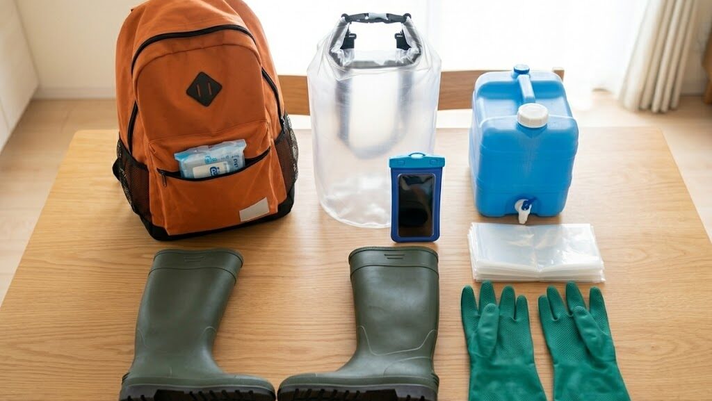 洪水対策用に非常持ち出し袋へ追加するグッズを並べた実写写真