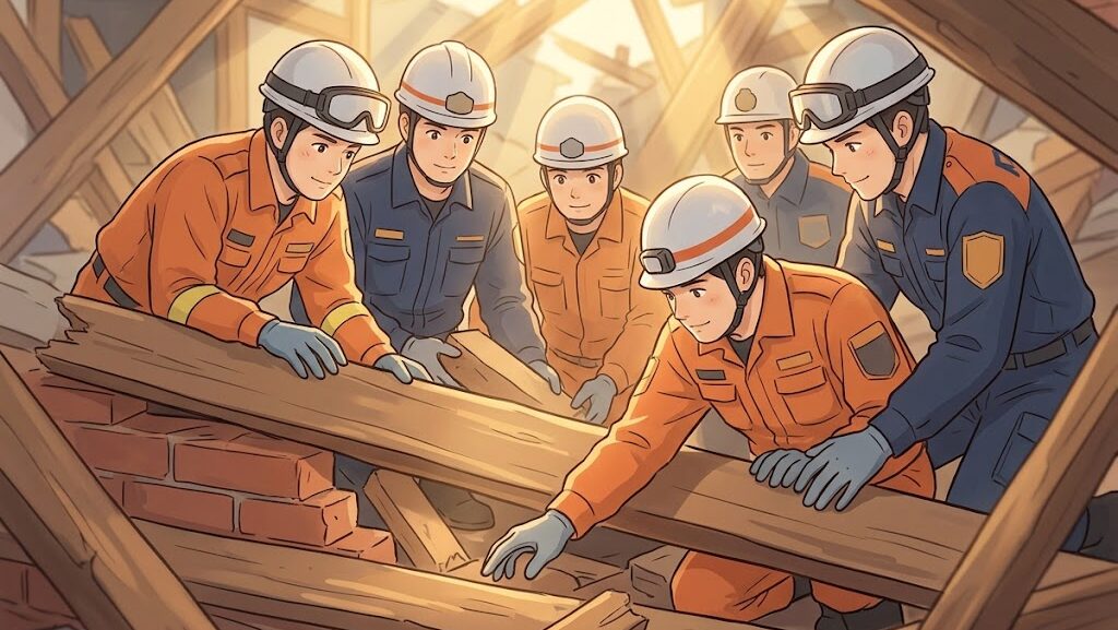 ヘルメットをかぶった救助隊員たちが協力して救出作業にあたるアニメ調イラスト