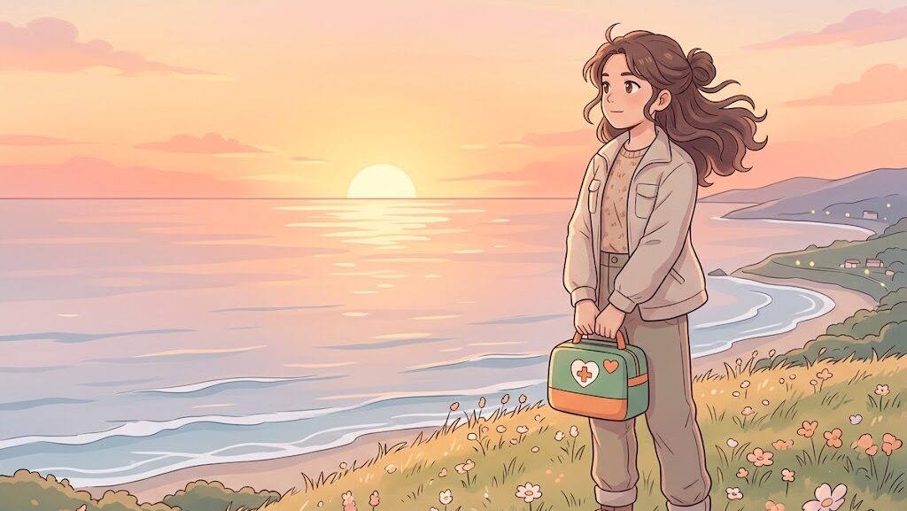 高台から穏やかな海を見渡し防災を考える人物のイラスト