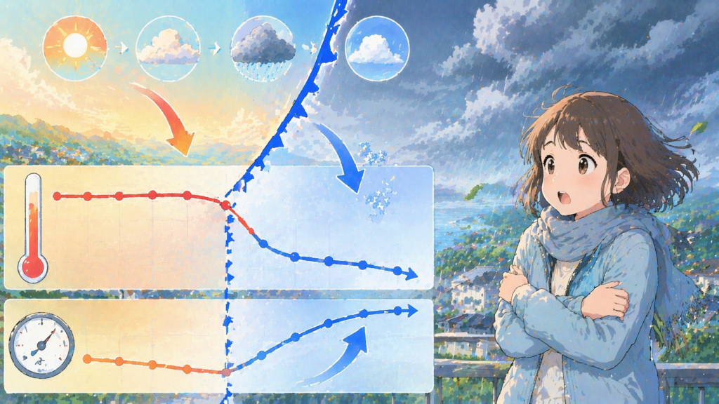 寒冷前線通過後に気温が急低下し気圧が上昇する変化を示したイラスト