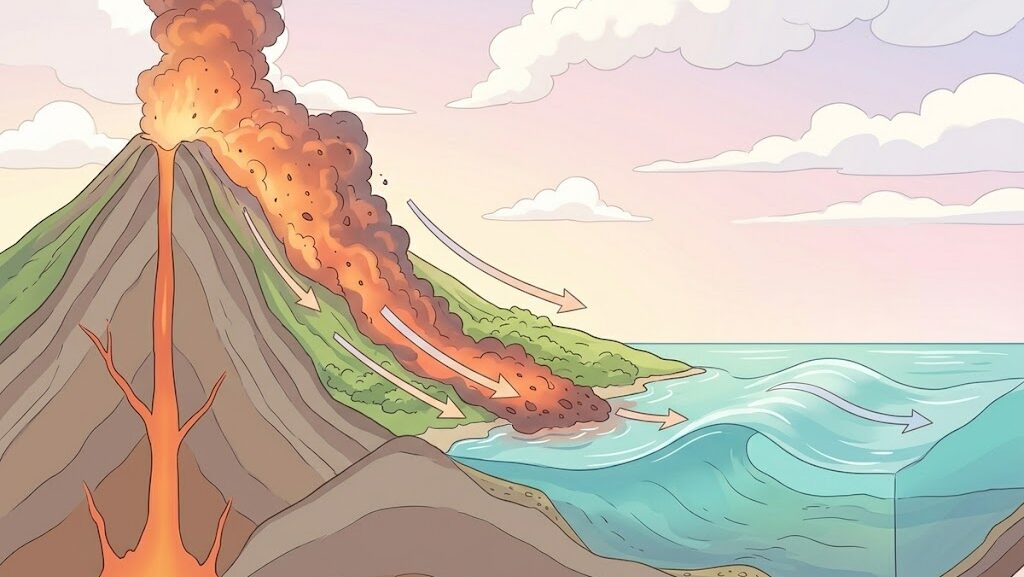 火砕流が海に流れ込み津波が発生するメカニズムを示したイラスト