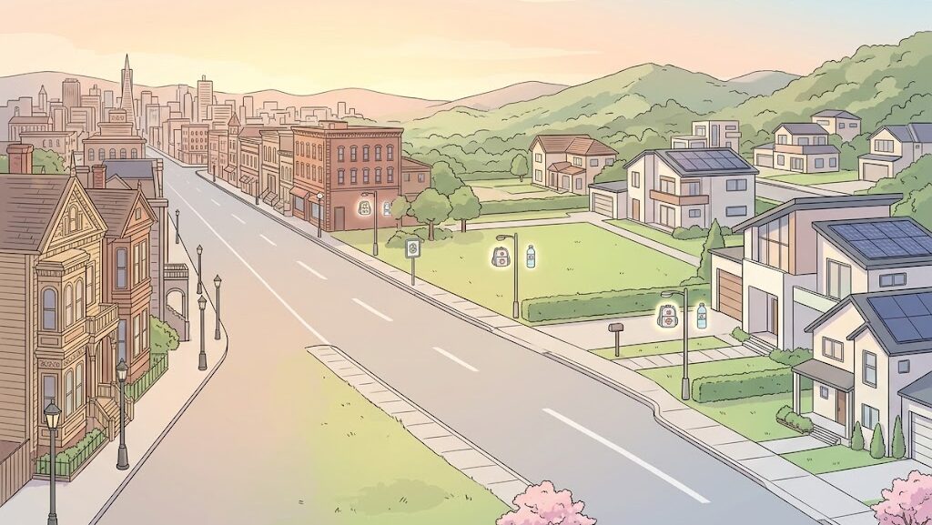 歴史の教訓が現代の備えにつながるイメージ、過去から未来へ続く道のアニメ調イラスト