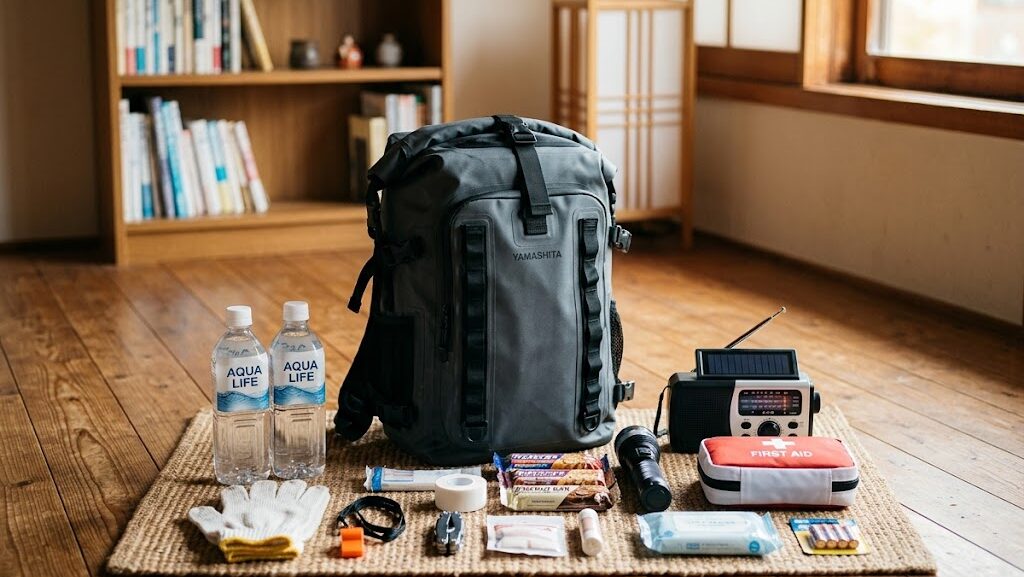 台風・災害への備えとして整理された防災グッズの写真風イメージ