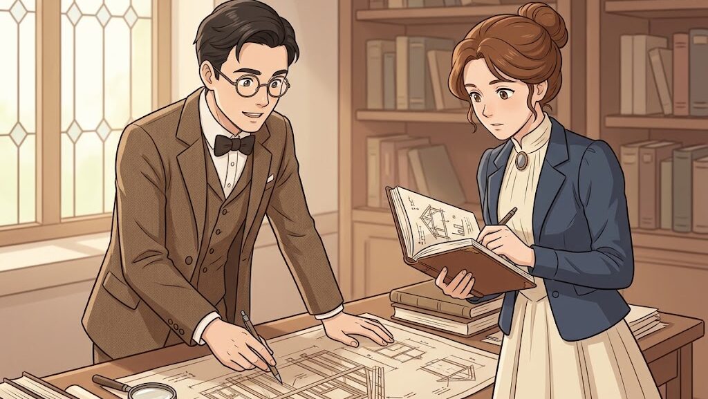 地震調査を行う研究者たちのイメージ、耐震設計の原点を学ぶアニメ調イラスト