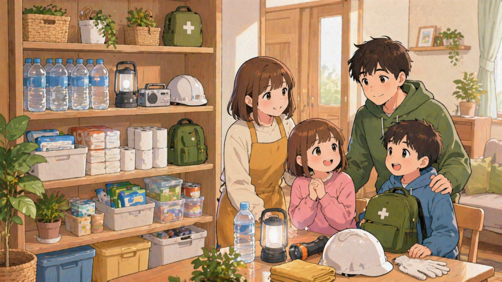 在宅避難のための備蓄品が整った家庭のイラスト