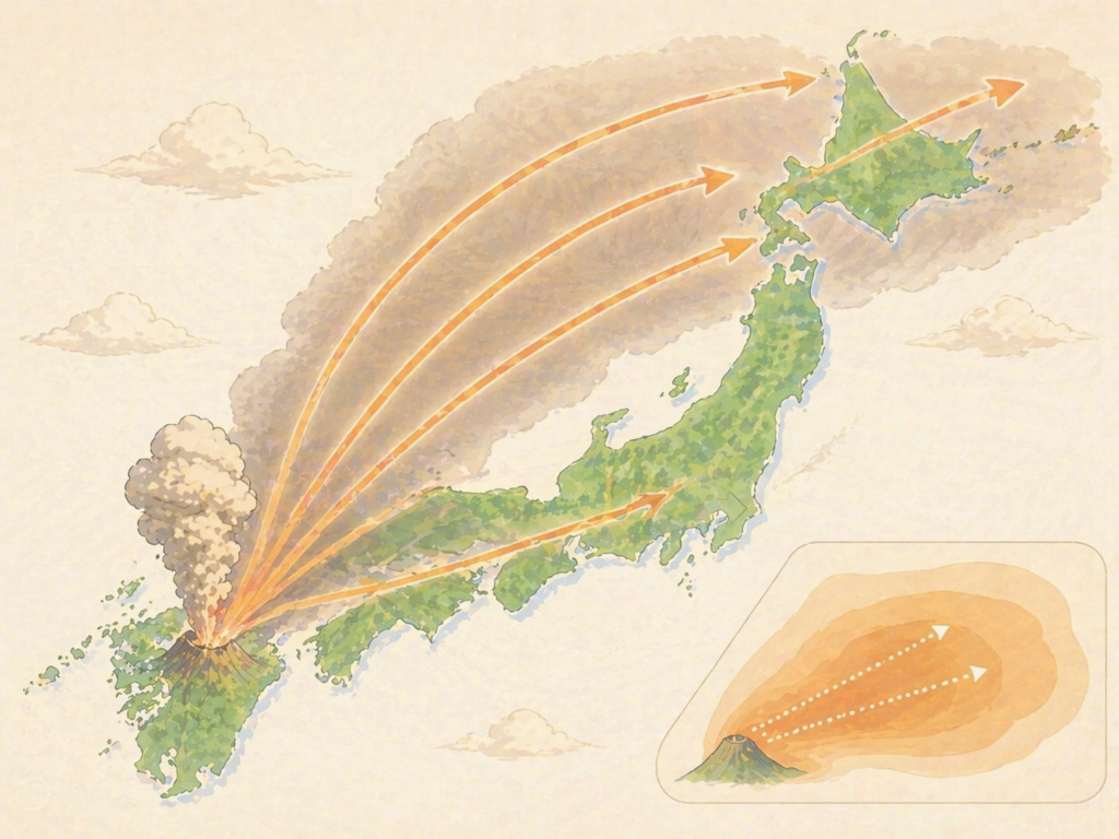 阿蘇山Aso-4噴火による火山灰の分布範囲を示した教育的なイラスト