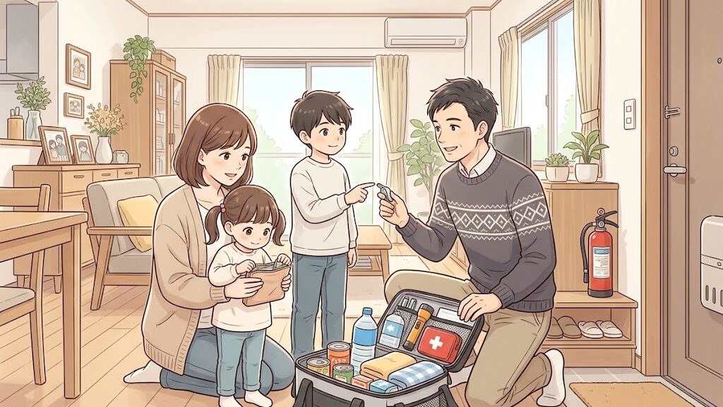 現代の家族が火災への備えを確認している様子のイラスト