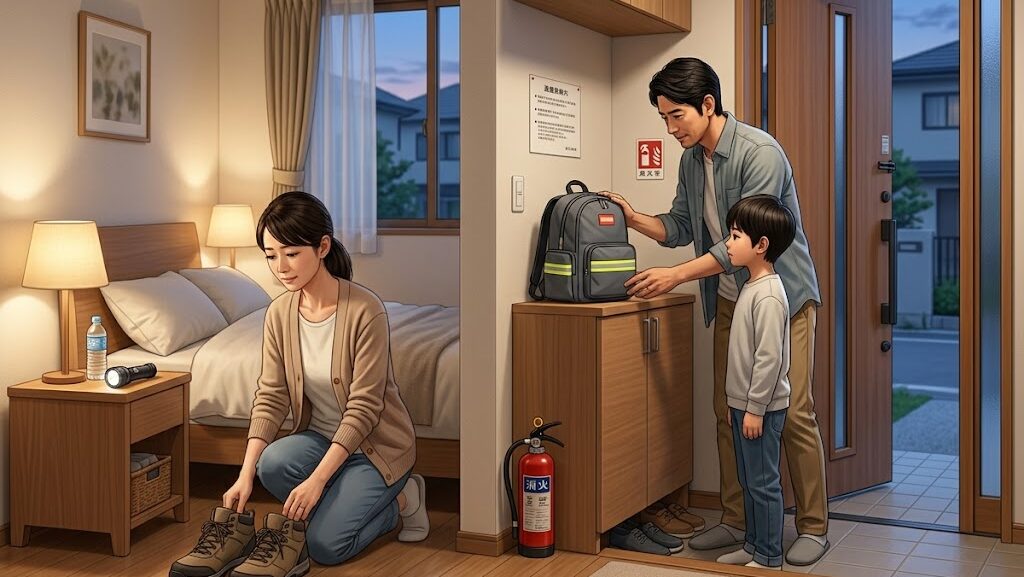 後発地震注意情報発表後に備えを確認する家族のイラスト