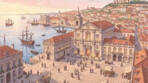 1755年のポルトガル・リスボンの港町の朝の風景イメージ