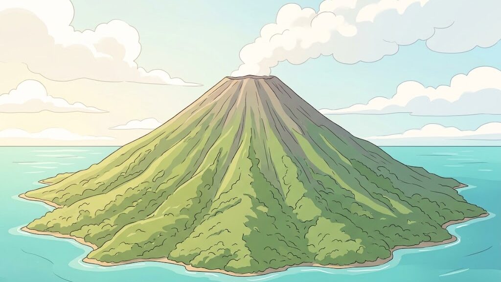 青い海に囲まれたスンバワ島のタンボラ山のイラスト