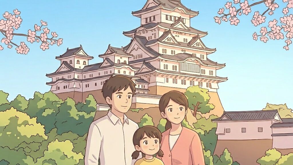 城と現代の家が並ぶ文化財防災のイメージイラスト