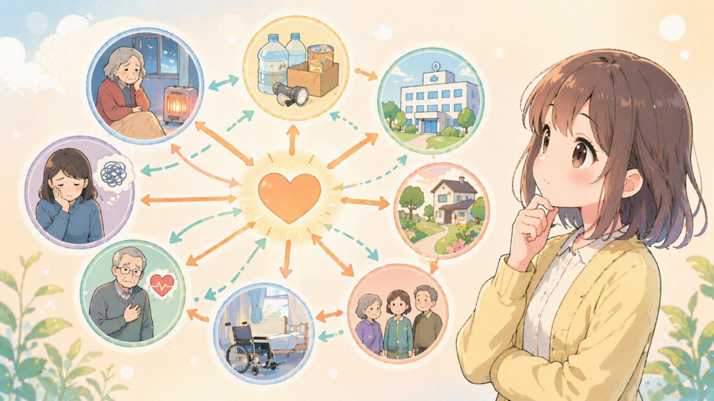 災害関連死の複合的な原因を図解するイラスト