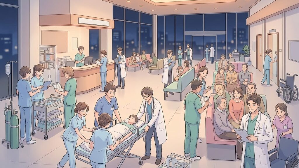 夜間に多くのスタッフが連携して患者対応にあたる病院ロビーのイラスト