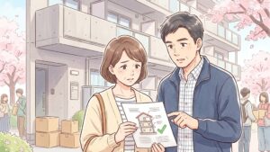 子どもの一人暮らしアパートの耐震基準を確認する親御さんのイラスト